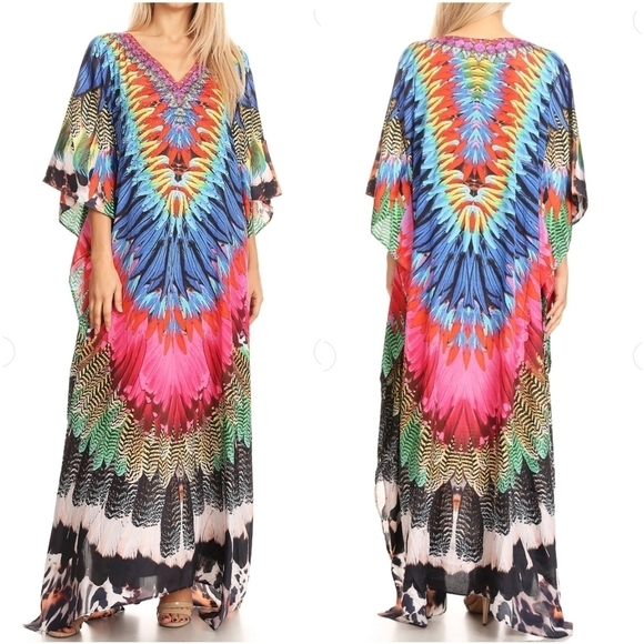 SAKKAS Art To Wear Kimono Anahi Caftan Beaded Neckline Maxi Dress Beach Cover - Picture 1 of 10